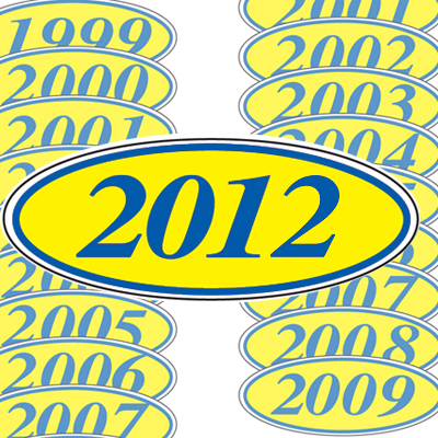 Blue and Yellow Oval Year Model Sticker